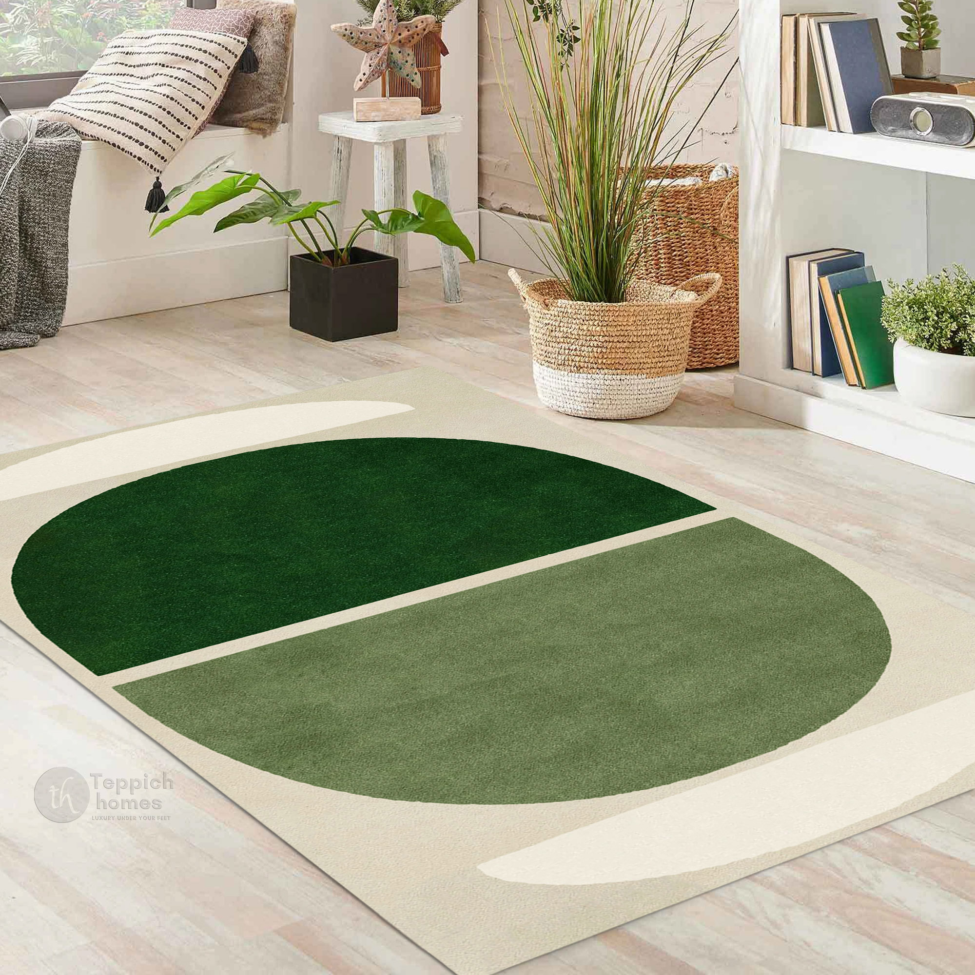 Handmade Green Geometric Wool Rug Modern Half Circle Design Area Carpet for Living Room and Bedroom