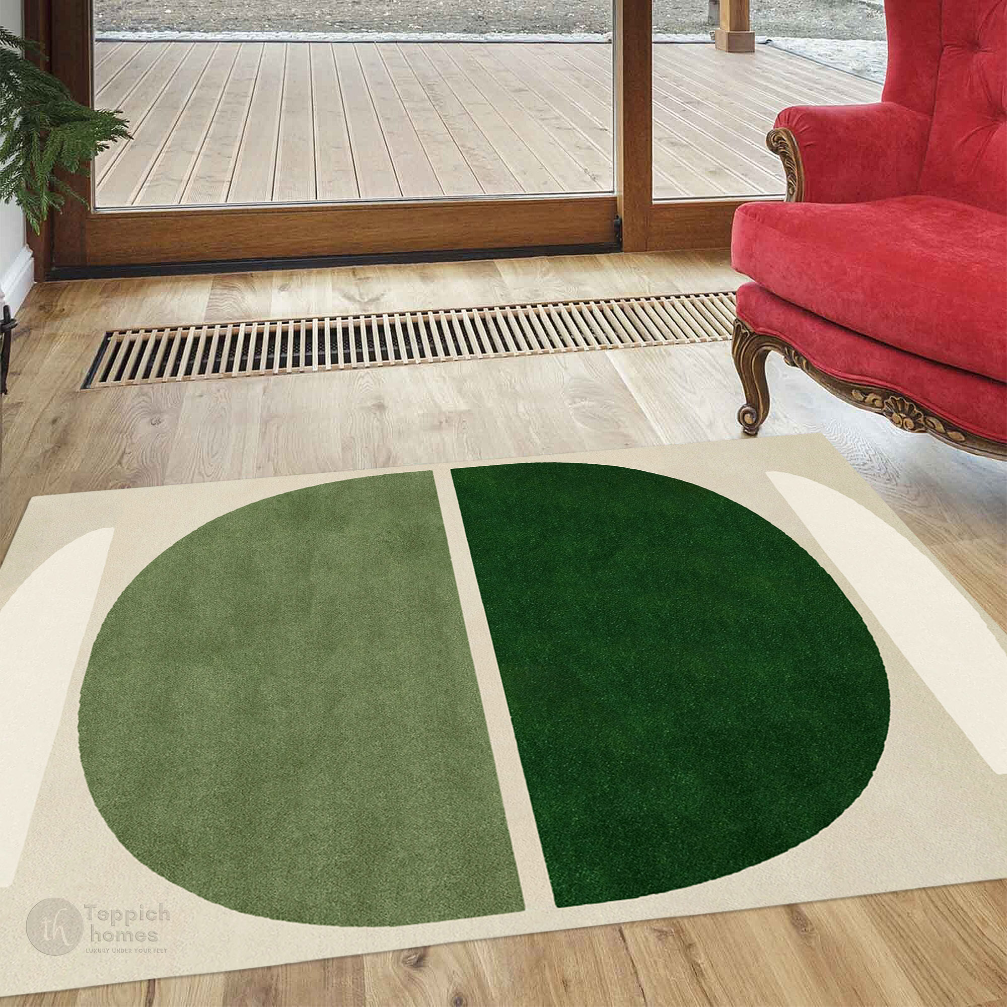 Handmade Green Geometric Wool Rug Modern Half Circle Design Area Carpet for Living Room and Bedroom