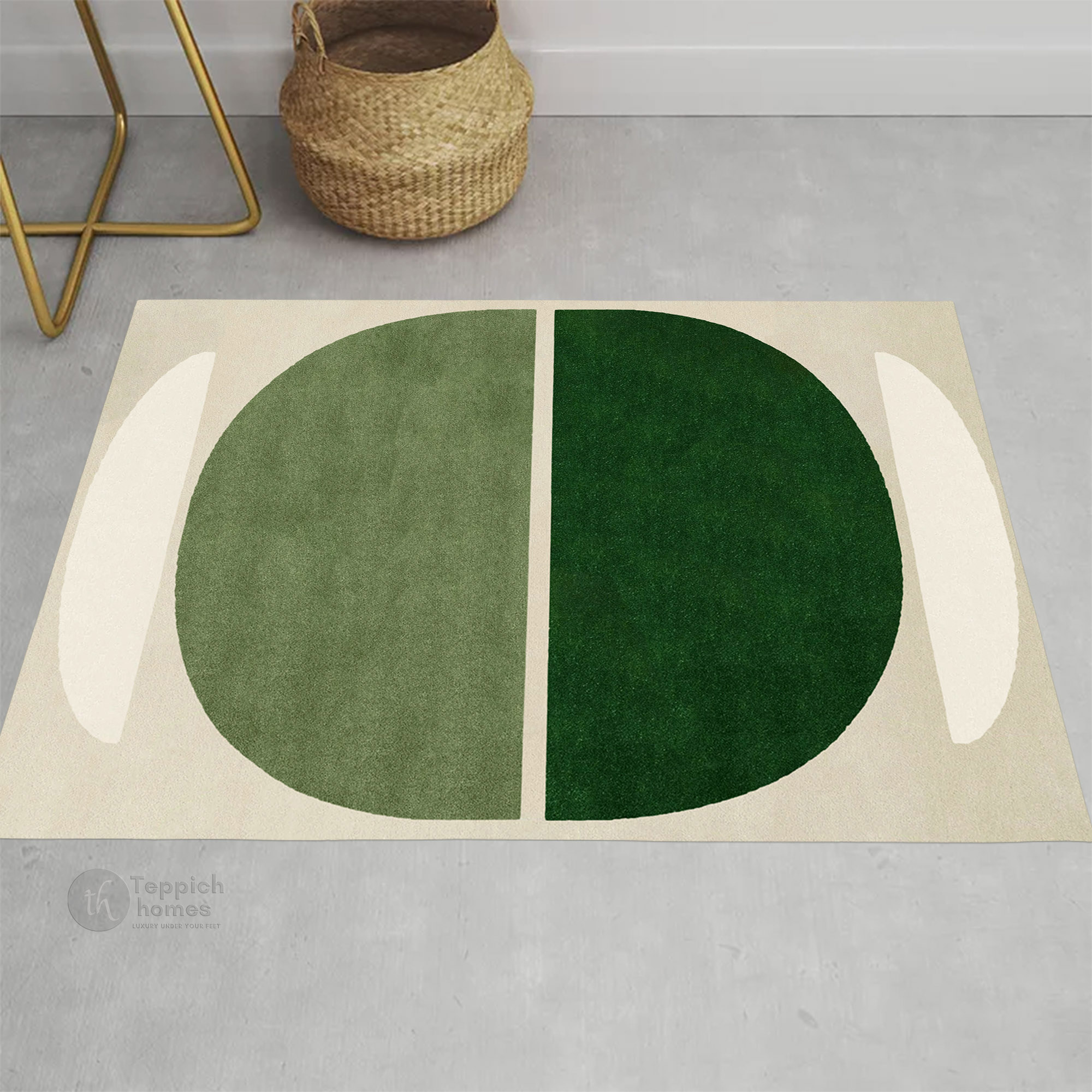 Handmade Green Geometric Wool Rug Modern Half Circle Design Area Carpet for Living Room and Bedroom