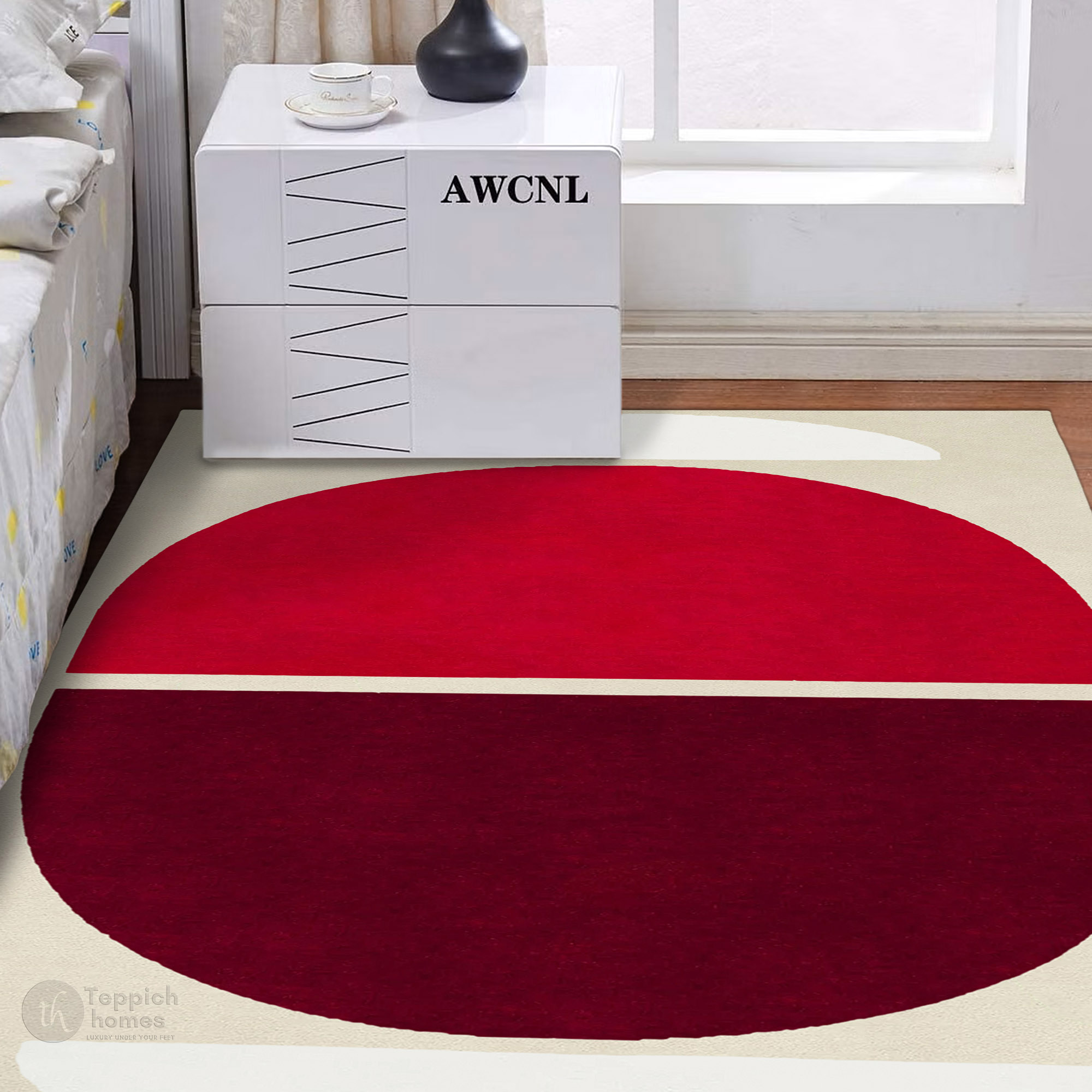 Red and Burgundy Geometric Wool Rug Handmade Modern Area Carpet for Living Room and Bedroom