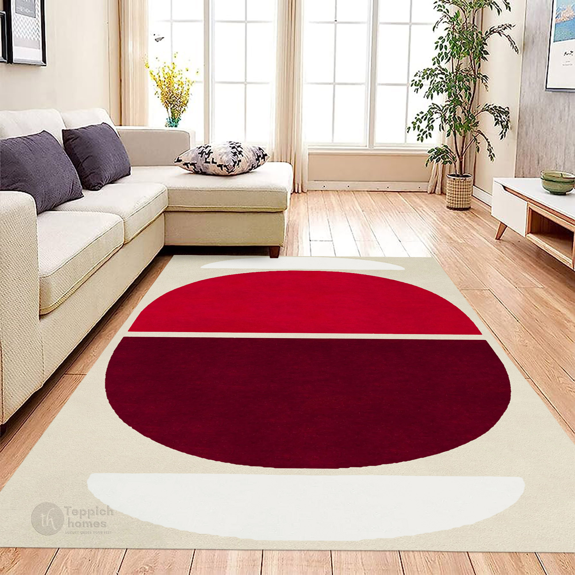 Red and Burgundy Geometric Wool Rug Handmade Modern Area Carpet for Living Room and Bedroom