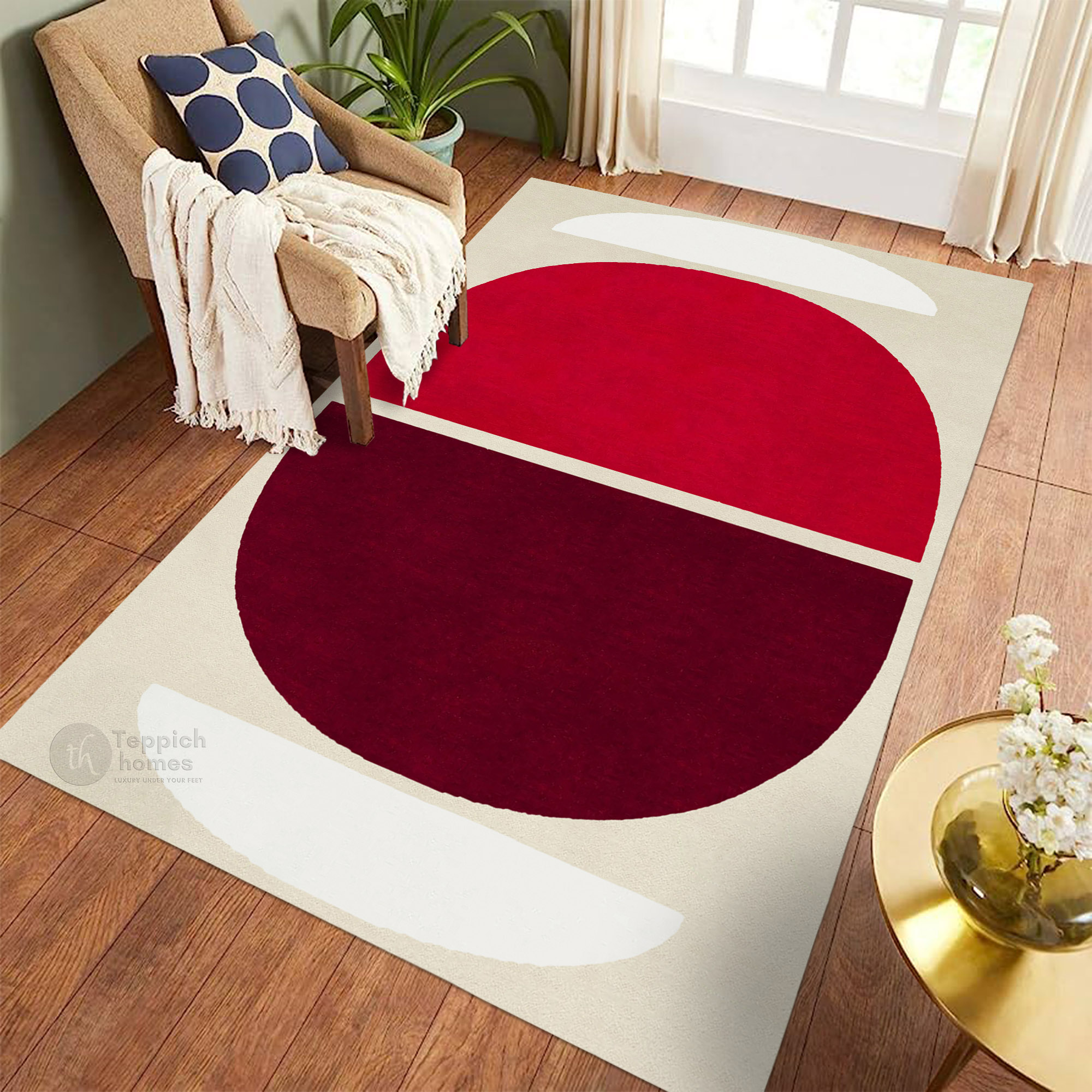 Red and Burgundy Geometric Wool Rug Handmade Modern Area Carpet for Living Room and Bedroom