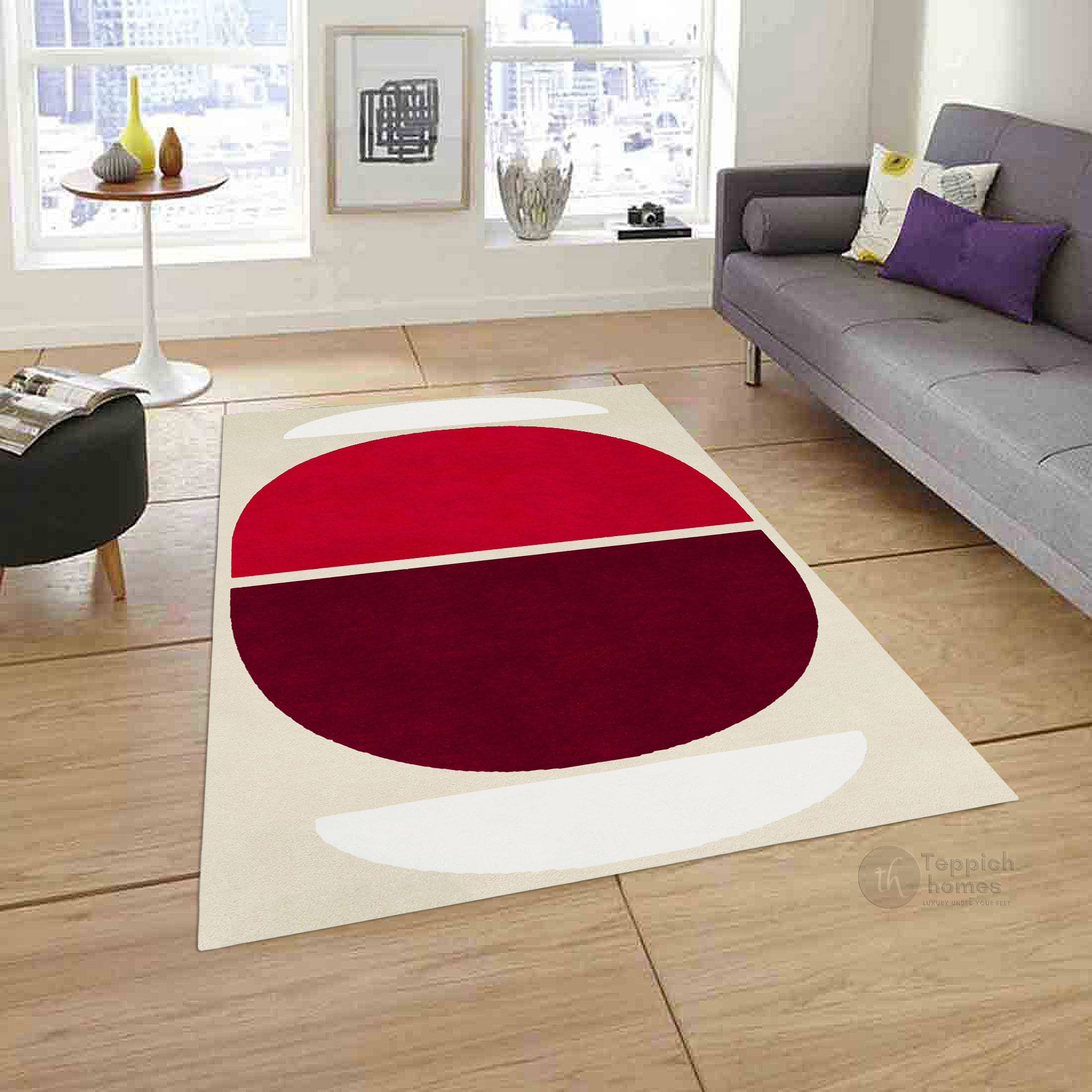 Red and Burgundy Geometric Wool Rug Handmade Modern Area Carpet for Living Room and Bedroom