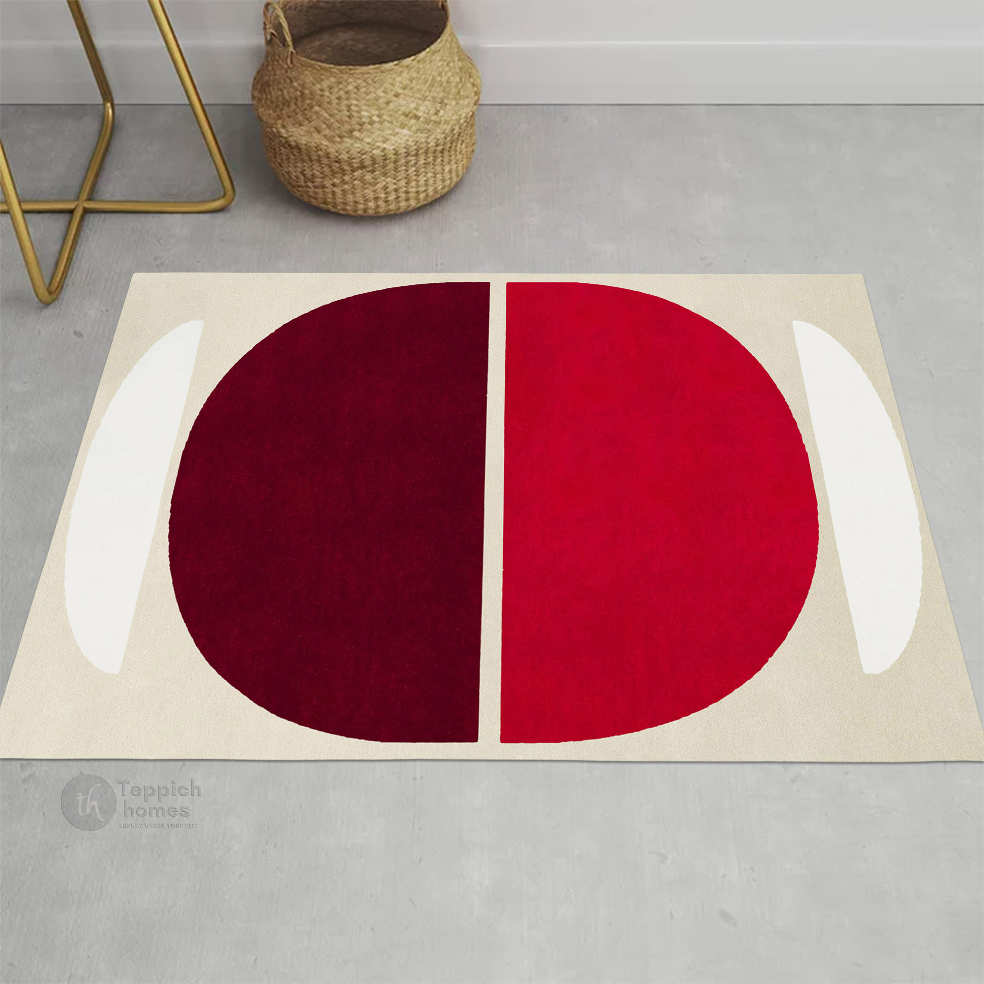 Red and Burgundy Geometric Wool Rug Handmade Modern Area Carpet for Living Room and Bedroom