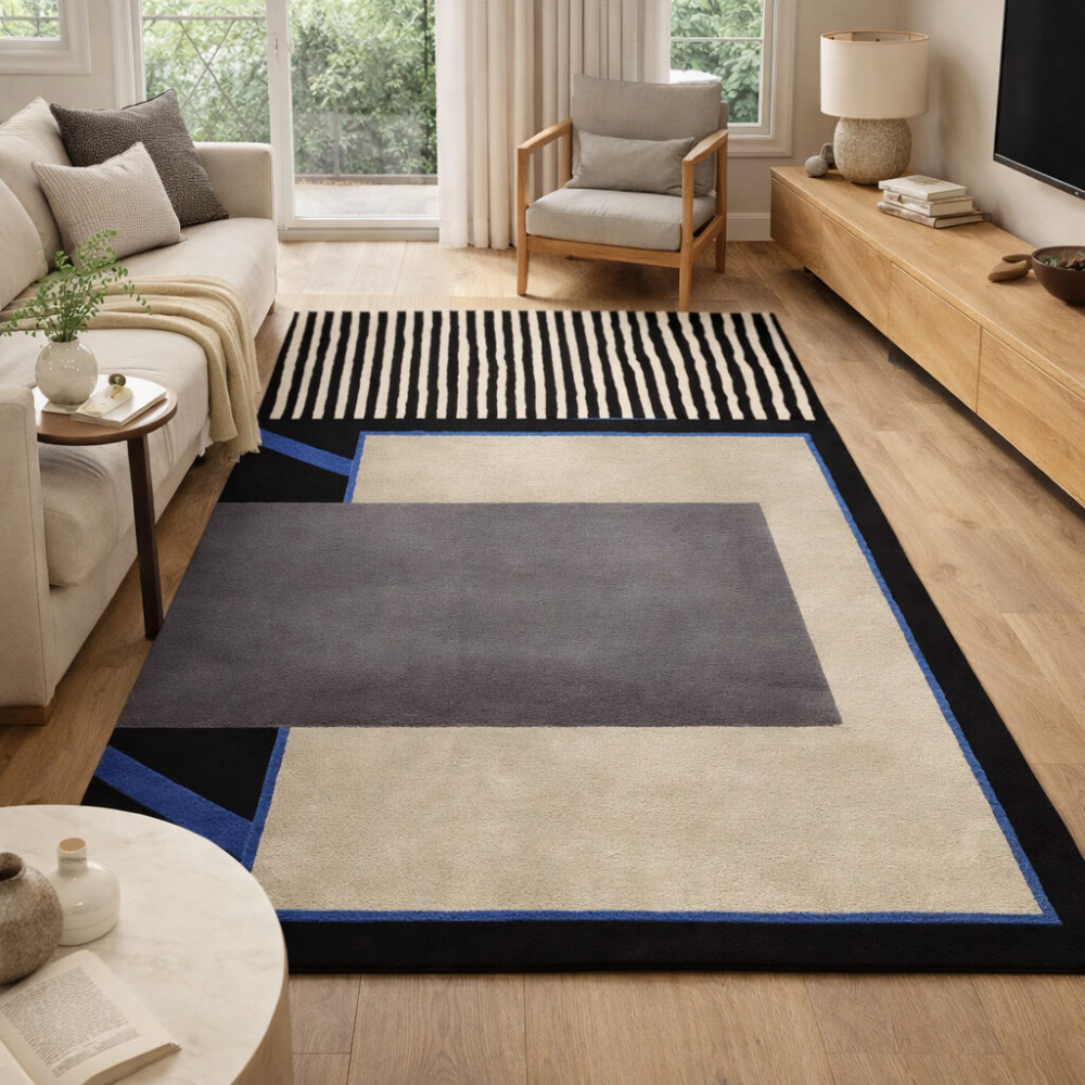 Image of Hand-Tufted Geometric Wool Rug - Available in 8x11, 9x13, 10x14, and 11x12 Sizes - Perfect for Living Room or Bedroom - Stylish Rectangular Area Carpet