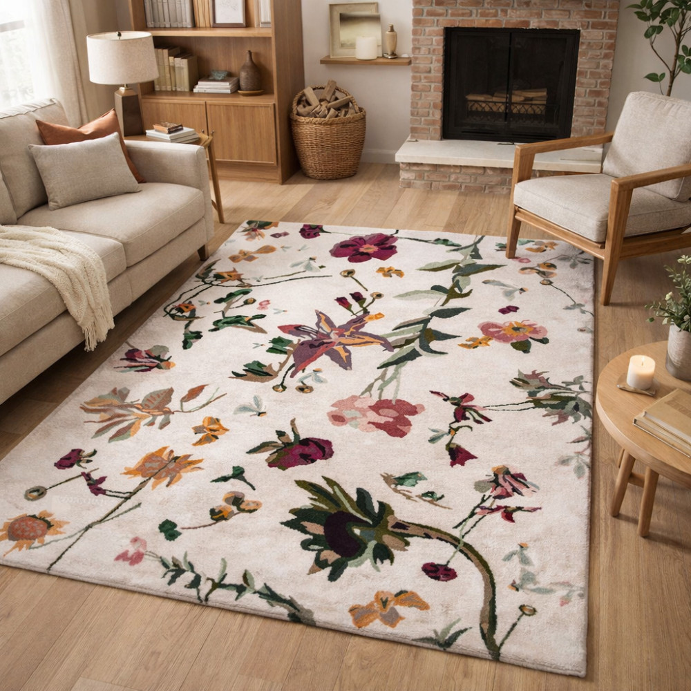 Image of Flower Rugs, Hand Tufted, Living Room, 8x10, 8x11, 9x10, 9x12, Wool Carpet, Area Rug, Bedroom