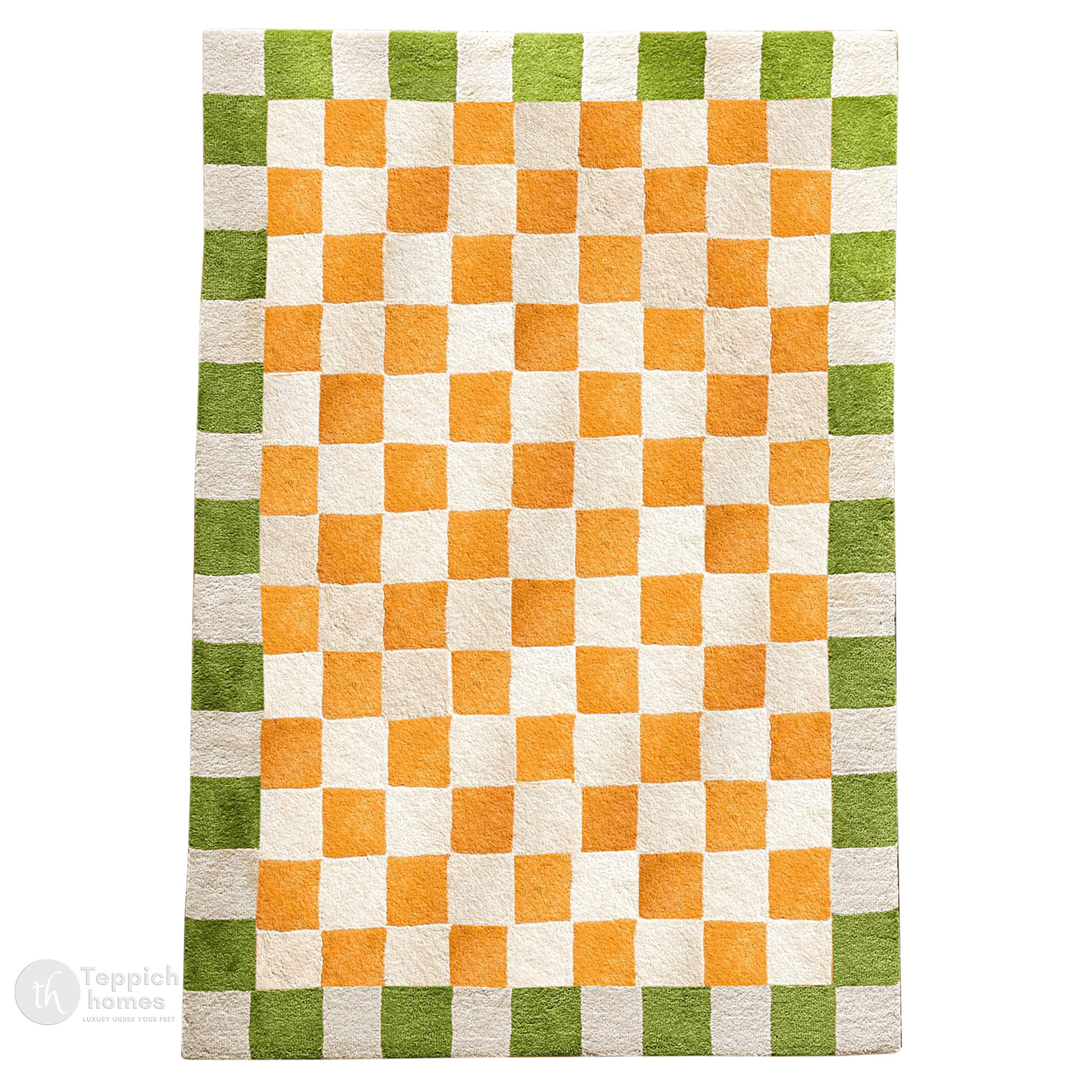 Hand Tufted White Orange Square Rug for Bedroom and Living Space  Chessboard Pattern Area Rug for Kids Room
