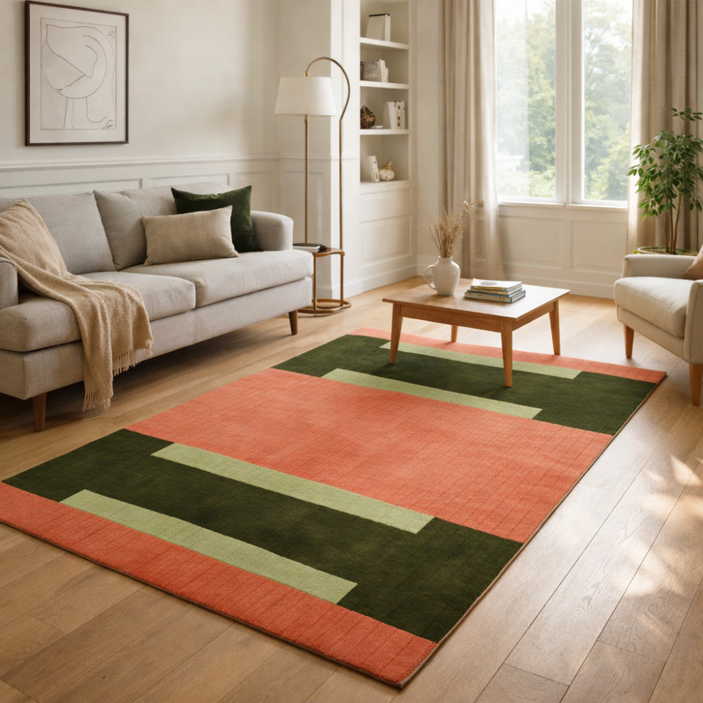 Image of Emerald Green Rug, Hand Tufted, 5x7, 5x8, 6x8, 6x9, Geometric Carpet, Bedroom