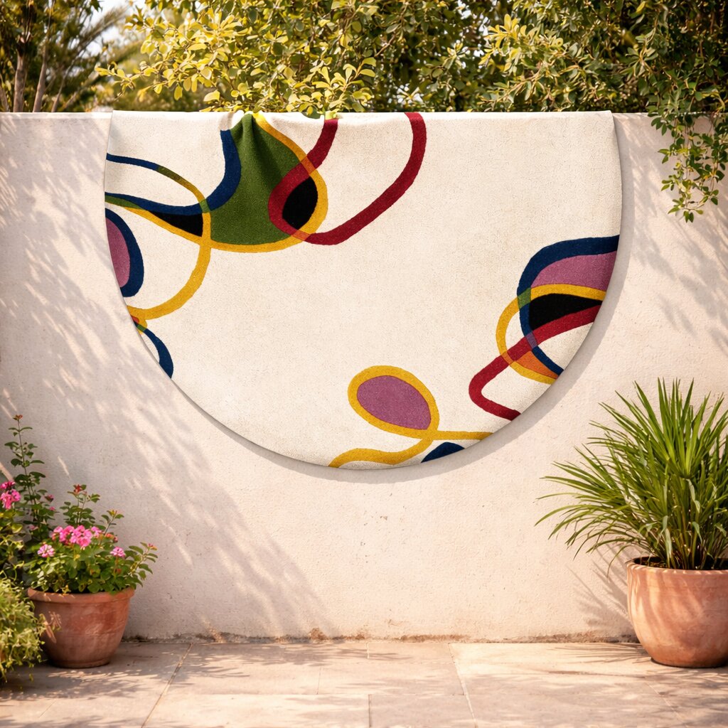 White Base Colorful Lining Round Rug for Bedroom and Living Space