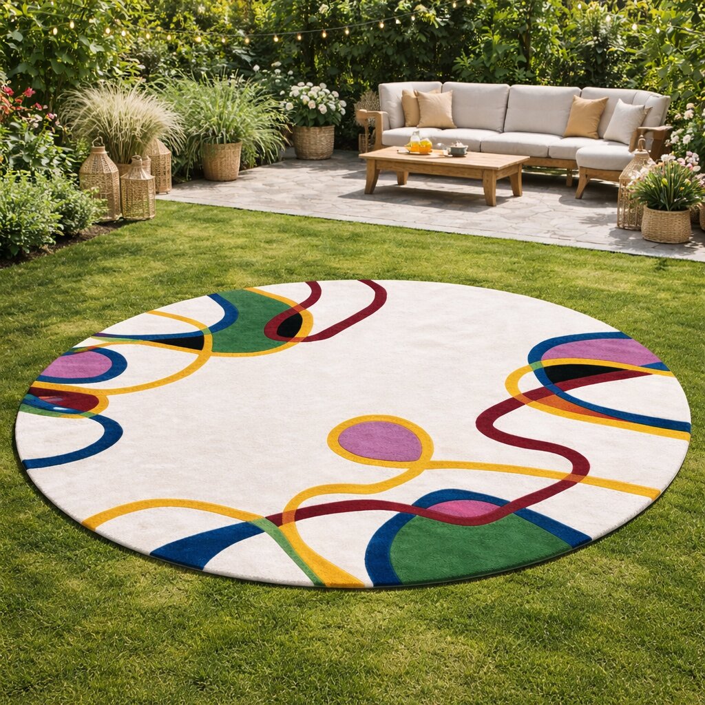White Base Colorful Lining Round Rug for Bedroom and Living Space