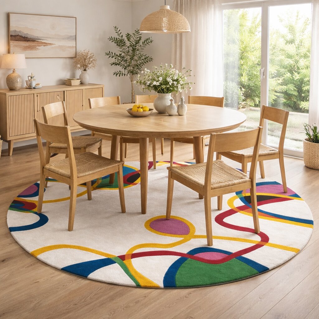 White Base Colorful Lining Round Rug for Bedroom and Living Space