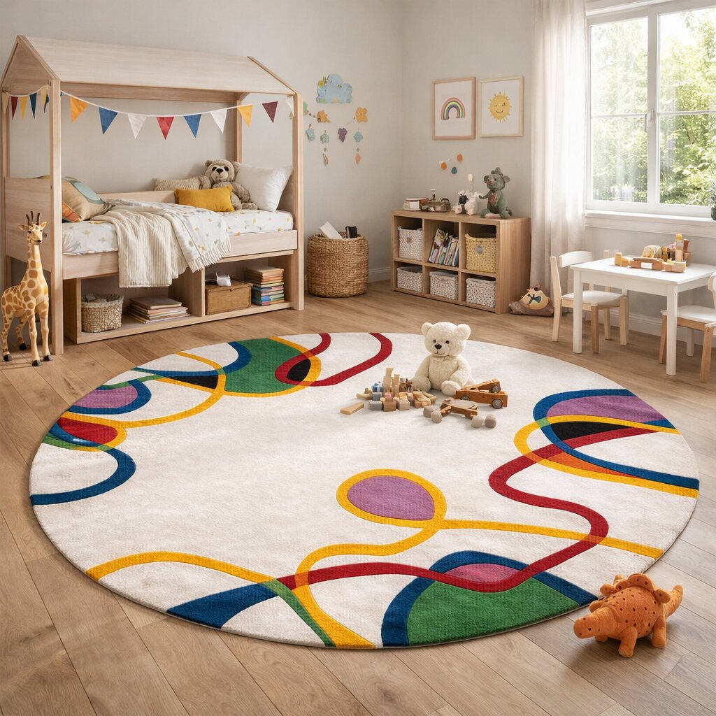 White Base Colorful Lining Round Rug for Bedroom and Living Space