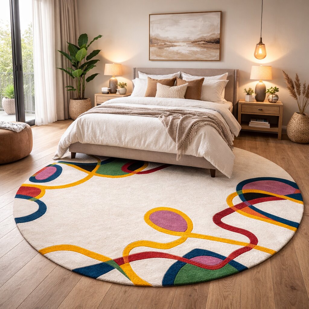 White Base Colorful Lining Round Rug for Bedroom and Living Space