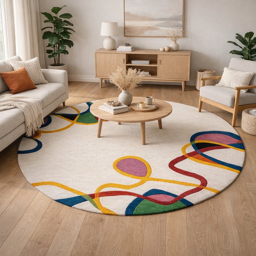 White Base Colorful Lining Round Rug for Bedroom and Living Space