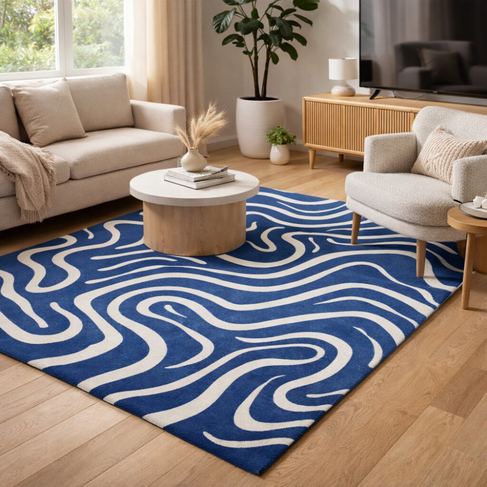 Image of Tufted Area Rug in Abstract Design, Blue Color, Rectangle Shape, 5x8, 6x9, 8x13, 10x13 Sizes for Hallway, Bedroom, and Living Room