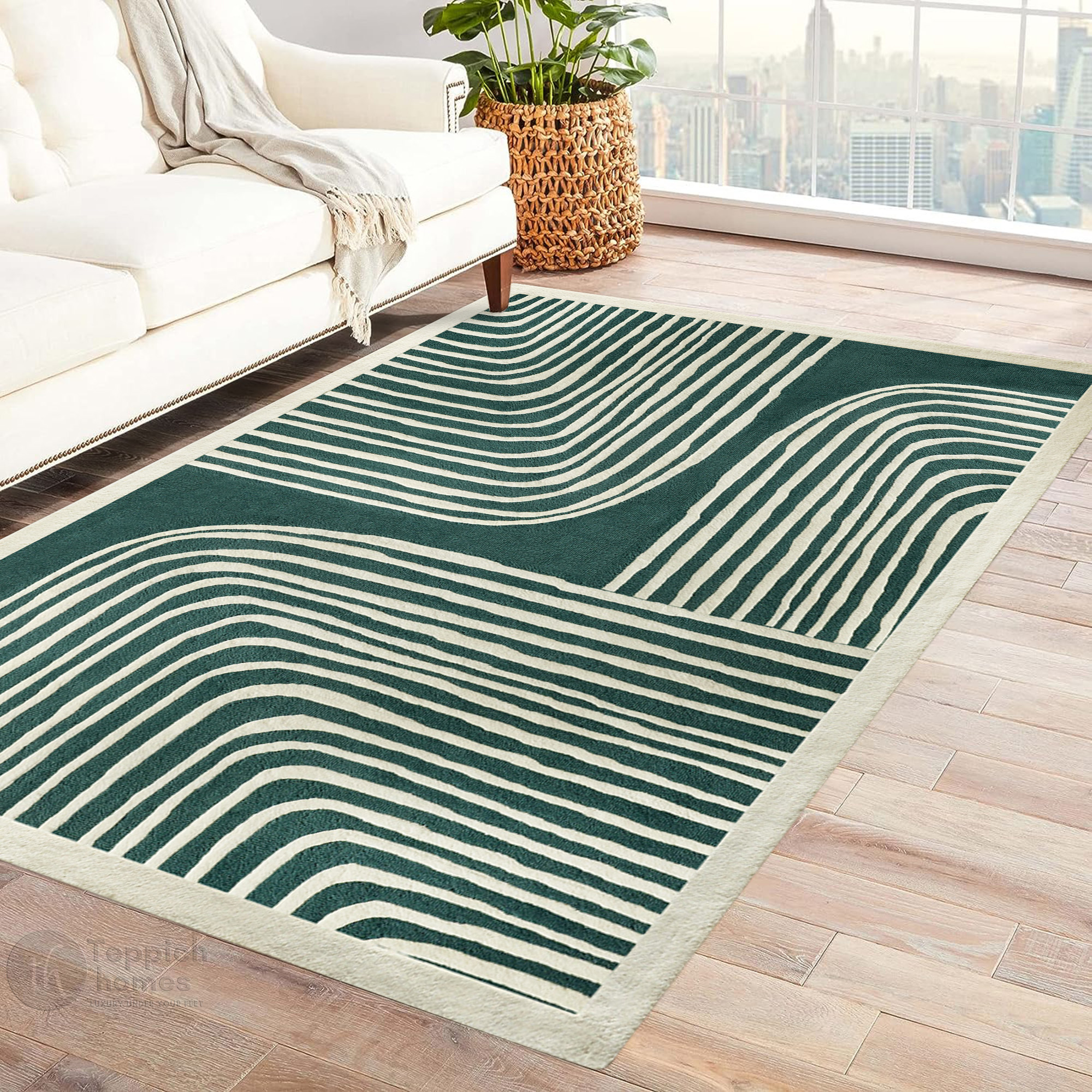 Modern Green and Beige Striped Area Rug Contemporary Hand Tufted Wool Carpet for Living Room and Bedroom