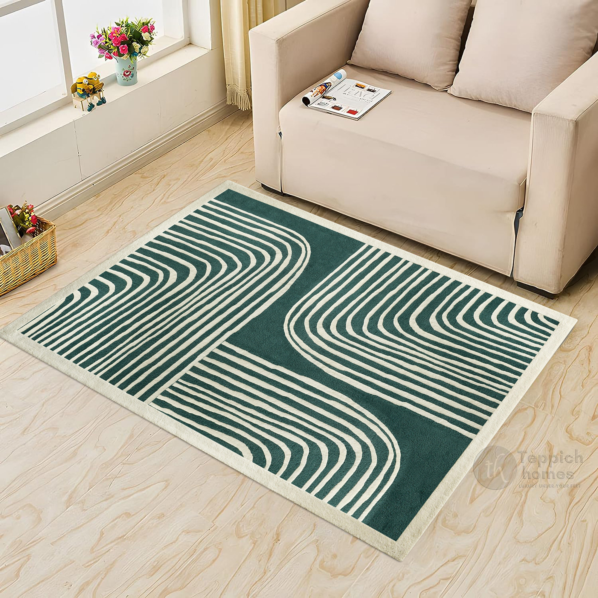 Modern Green and Beige Striped Area Rug Contemporary Hand Tufted Wool Carpet for Living Room and Bedroom