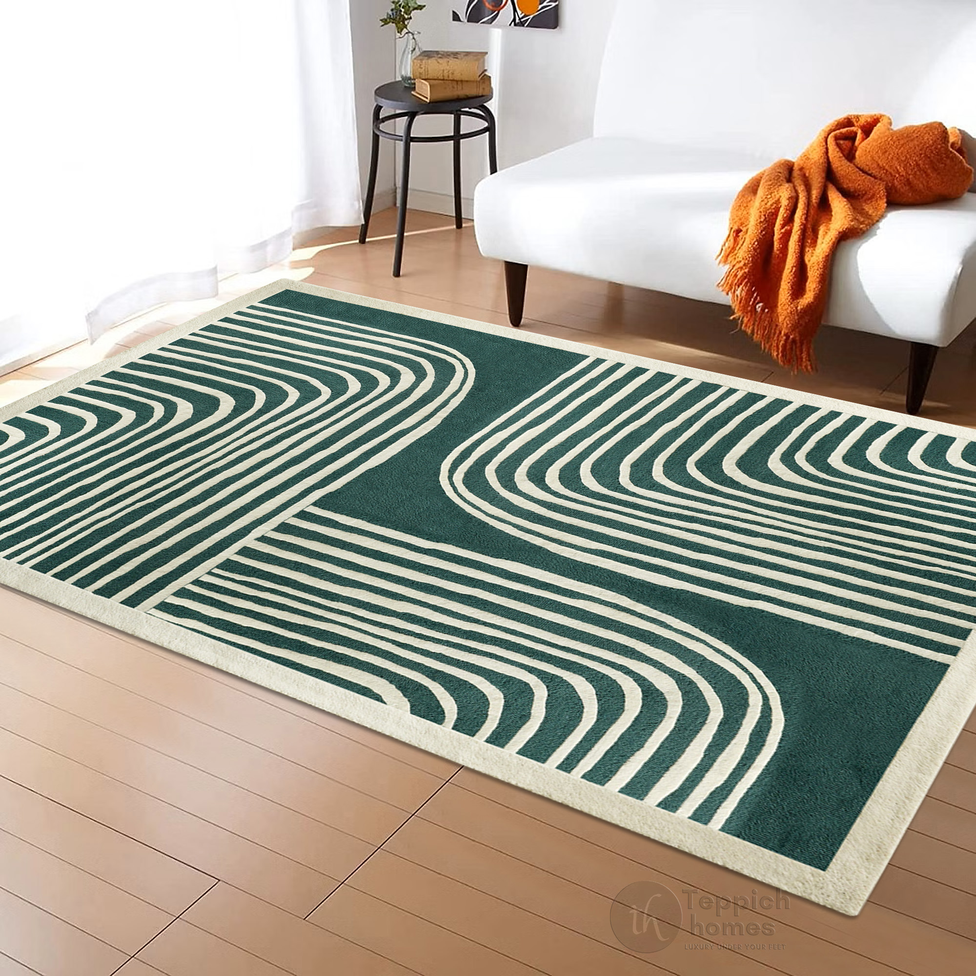 Modern Green and Beige Striped Area Rug Contemporary Hand Tufted Wool Carpet for Living Room and Bedroom