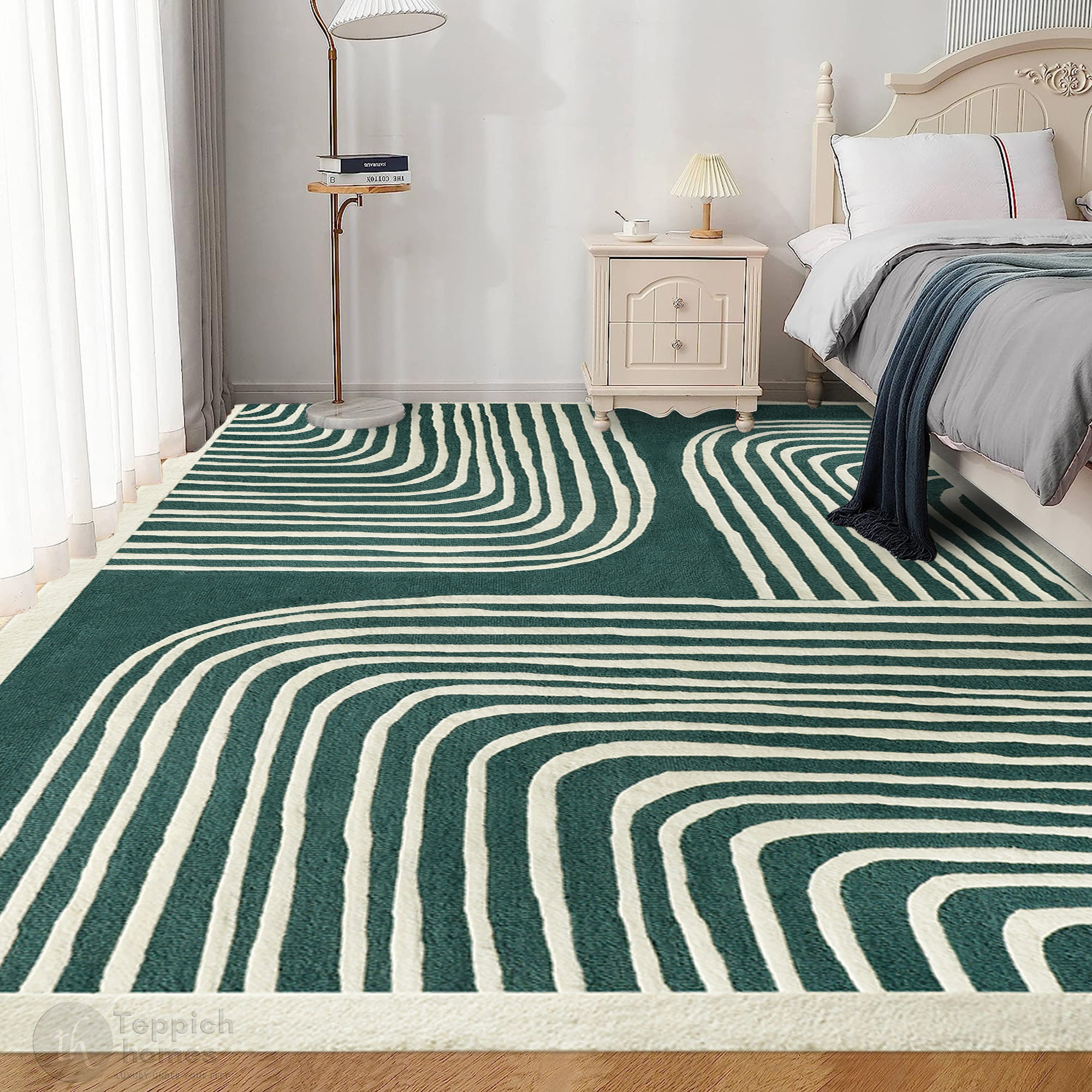 Modern Green and Beige Striped Area Rug Contemporary Hand Tufted Wool Carpet for Living Room and Bedroom
