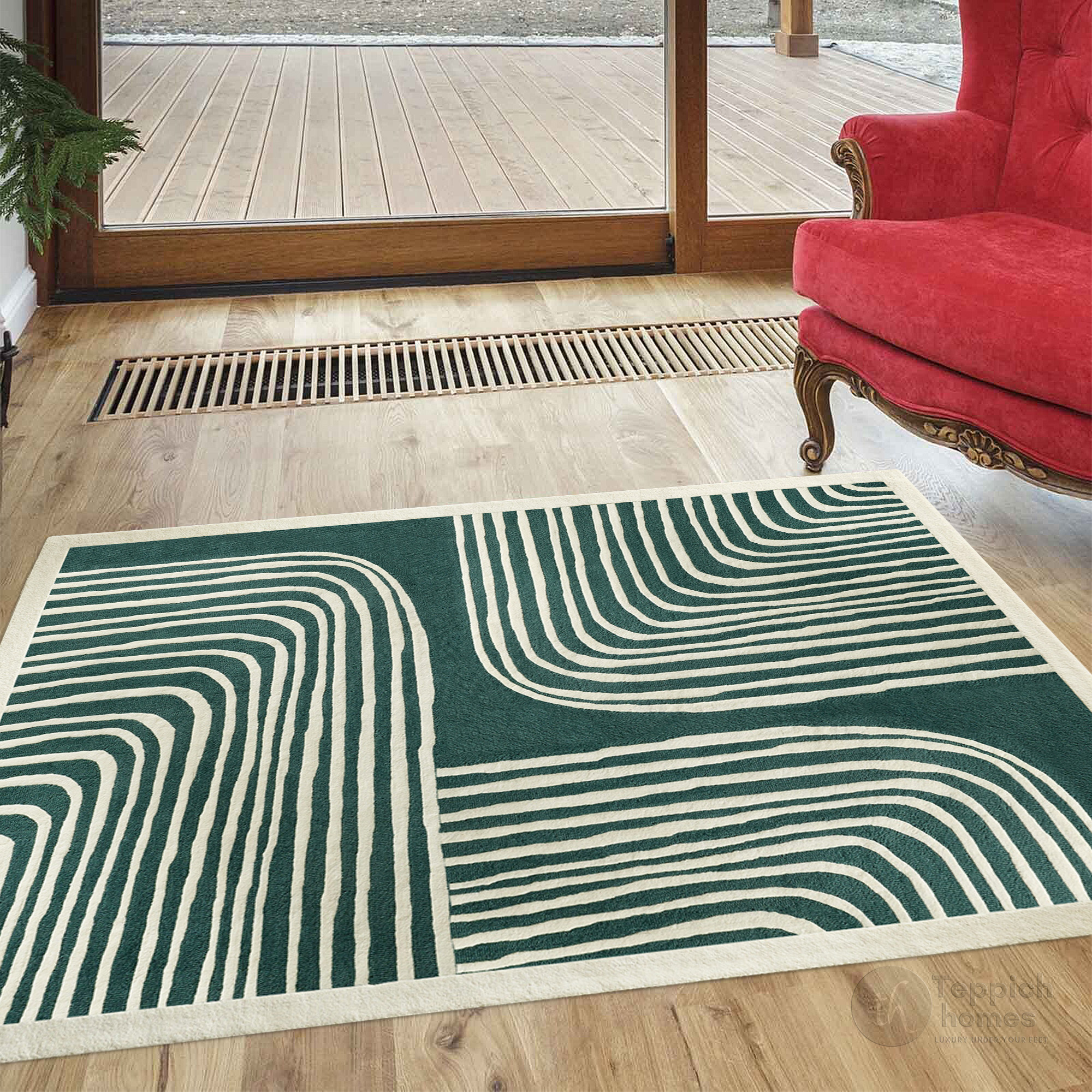 Modern Green and Beige Striped Area Rug Contemporary Hand Tufted Wool Carpet for Living Room and Bedroom