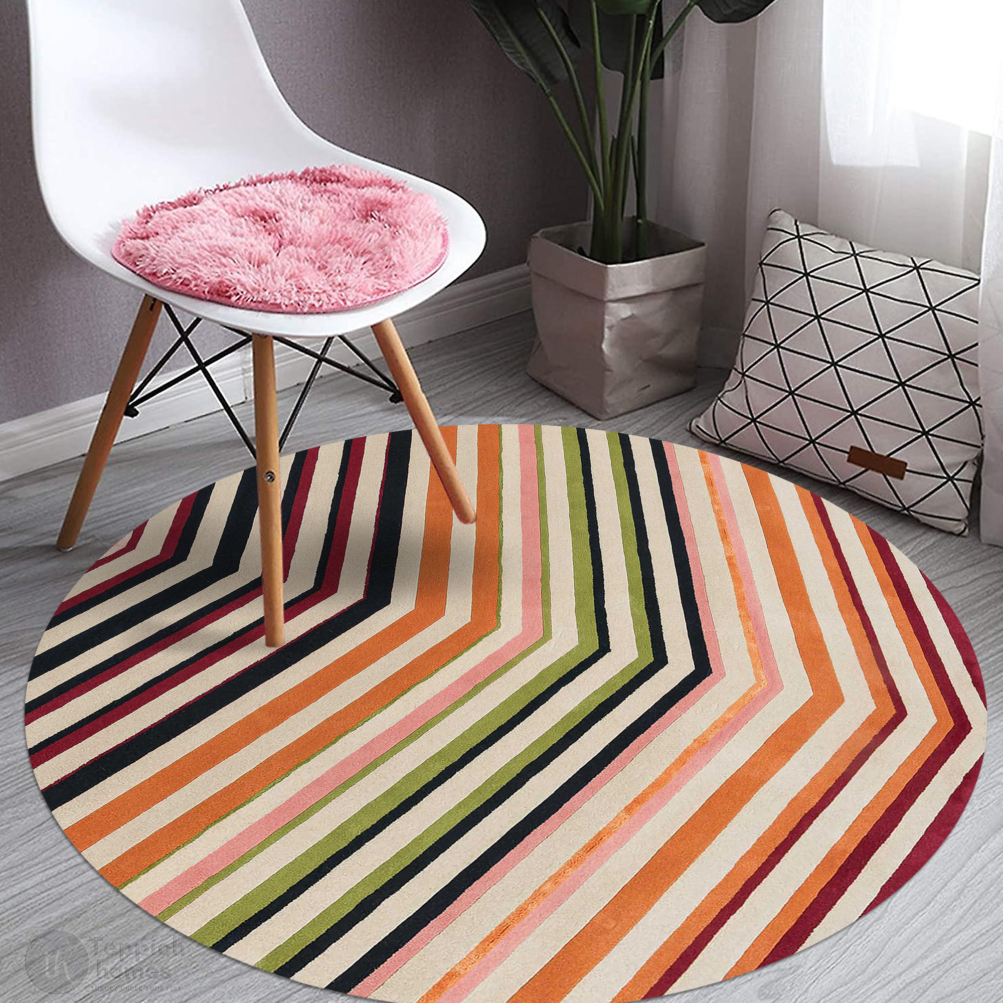 Round Rug Geometric Pattern Round Multicolor Rug Hand Tufted, Geometric Pattern