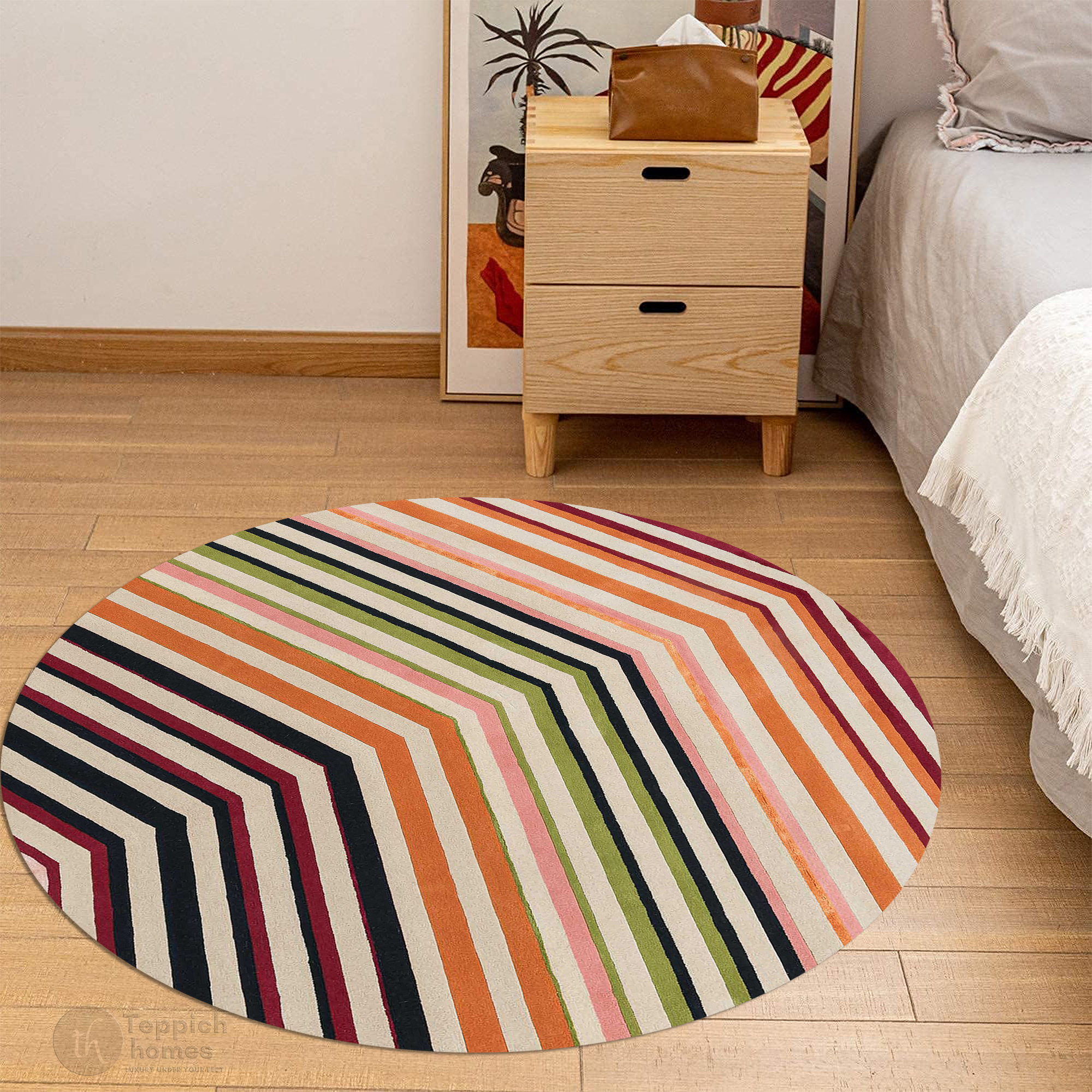 Round Rug Geometric Pattern Round Multicolor Rug Hand Tufted, Geometric Pattern