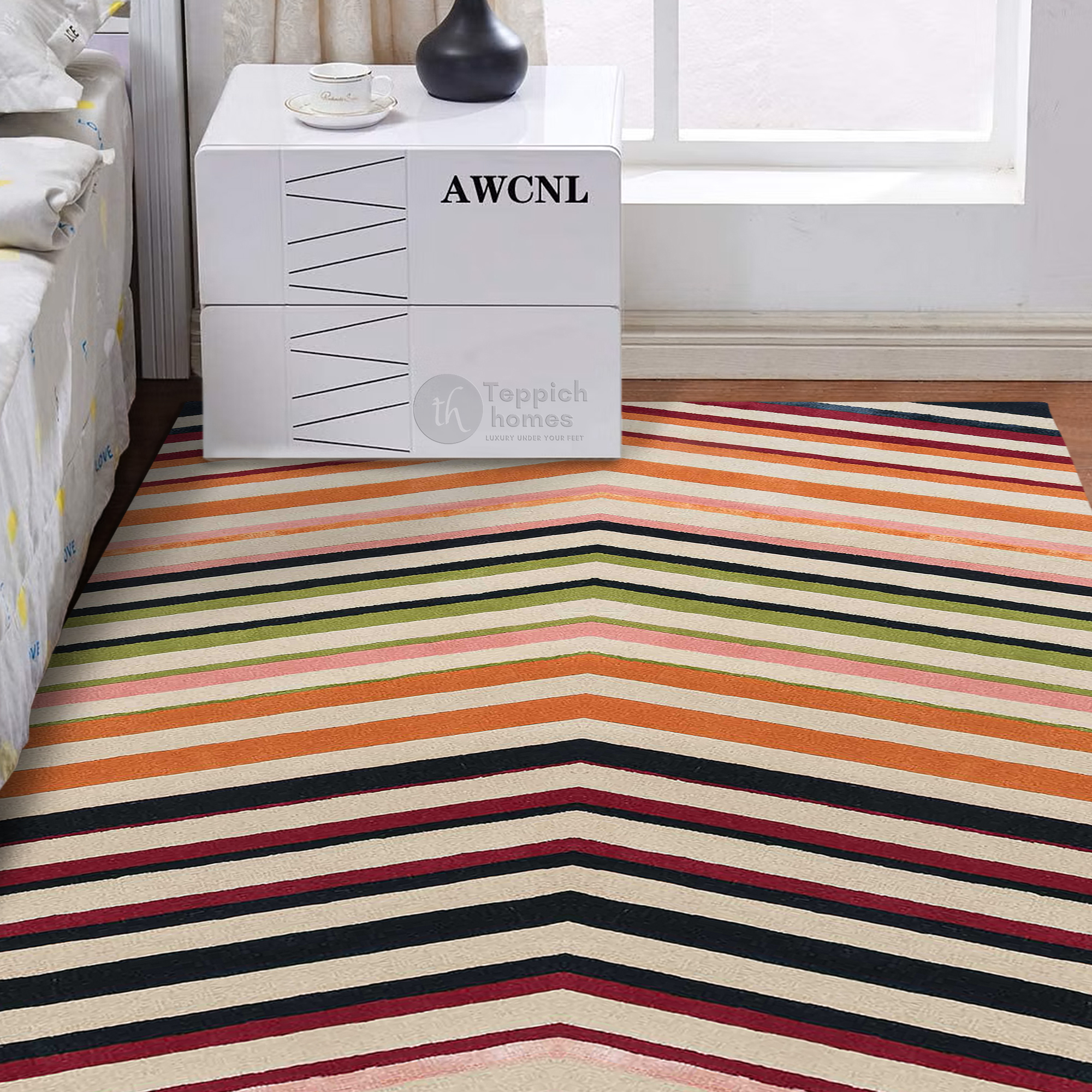 Multicolor Chevron Area Rug Handmade Wool Carpet Modern Geometric Design Living Room and Bedroom Decor