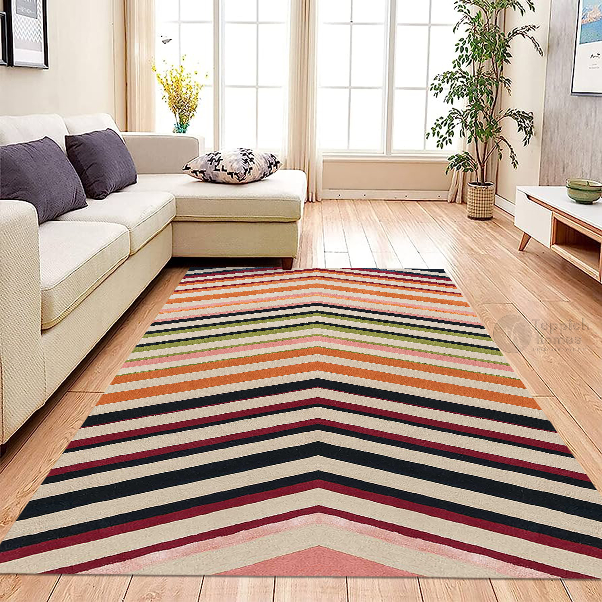 Multicolor Chevron Area Rug Handmade Wool Carpet Modern Geometric Design Living Room and Bedroom Decor