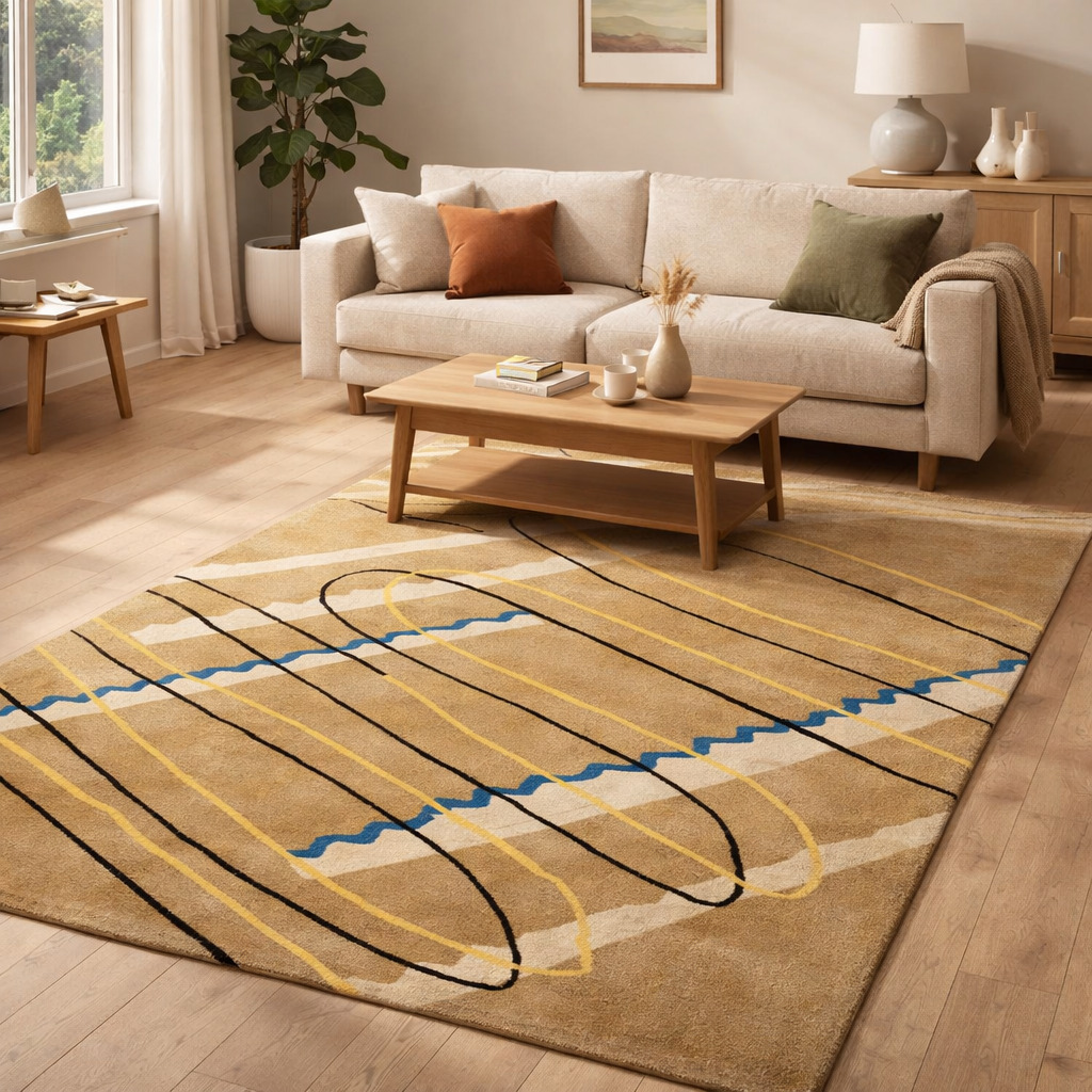 Beige Geometric Design Wool Area Rugs - Tufted Rectangle Carpets for Living Room and Bedroom - Available in Sizes 6x10 8x11 9x10 and 11x12