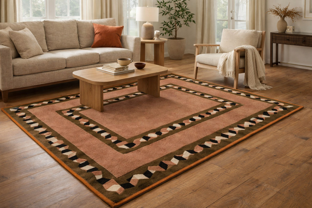 Image of Rust Color Tufted Area Rugs, Geometric Design for Kids, Living Room, 5x8, 7x10, 8x13, 10x14 Rectangle Shapes, Wool Carpets