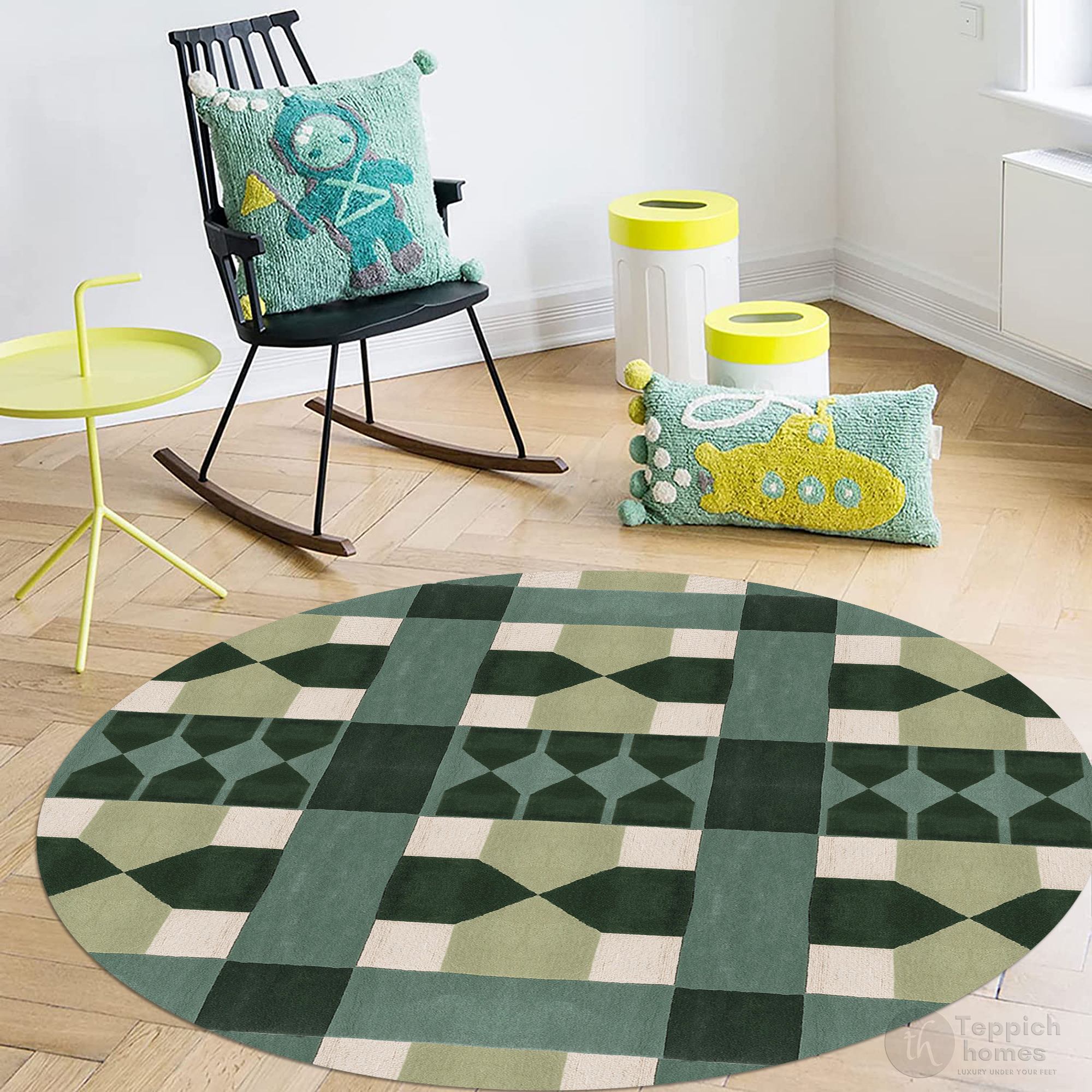 Round Rug Geometric Pattern Geometric Green Round Rug Hand Tufted Modern Pattern