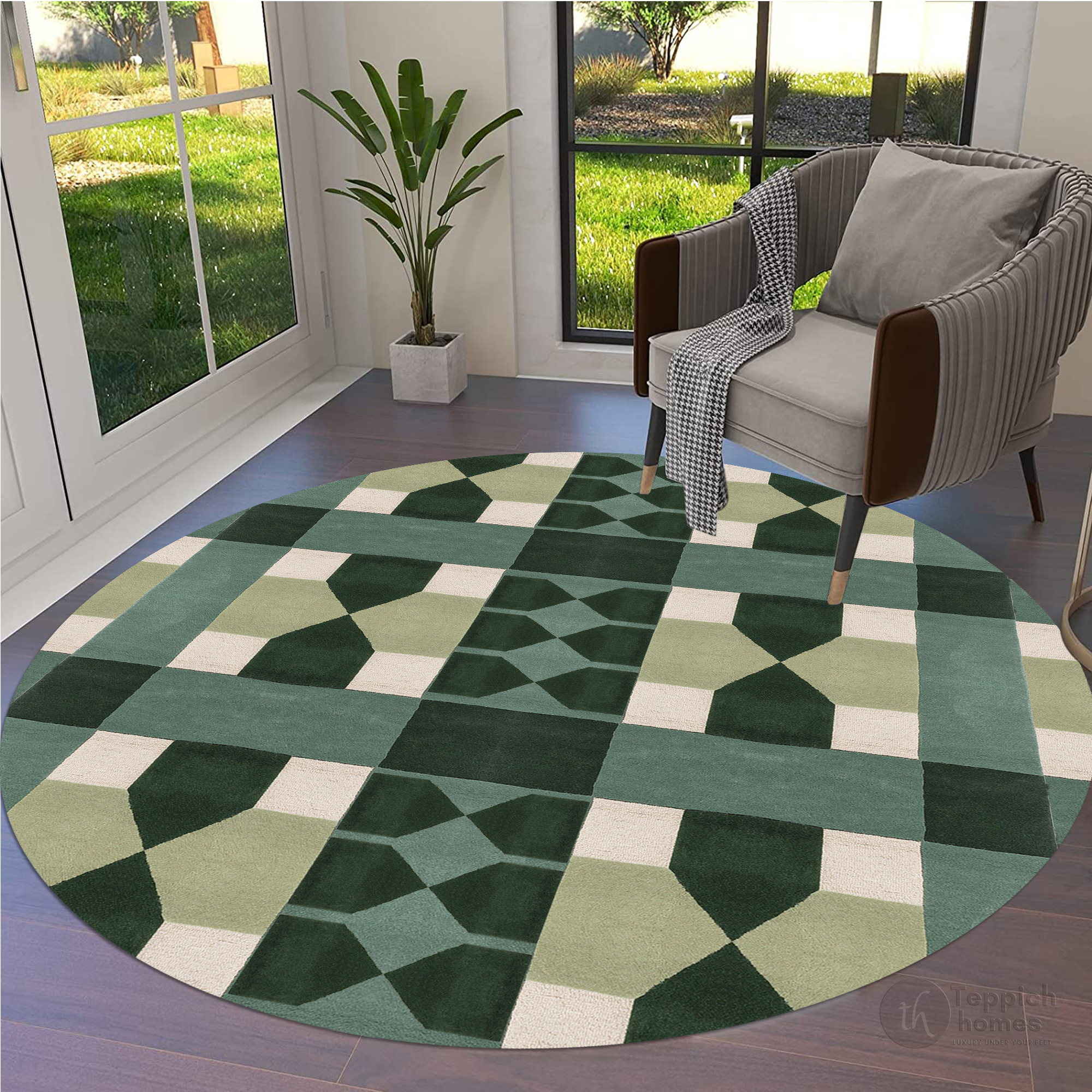 Round Rug Geometric Pattern Geometric Green Round Rug Hand Tufted Modern Pattern