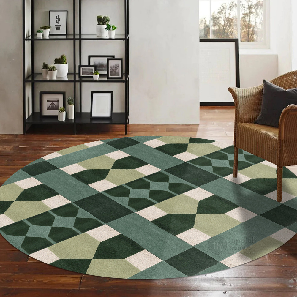 Green Grid Rug Pattern Geometric Green Round Rug Hand Tufted Modern Pattern