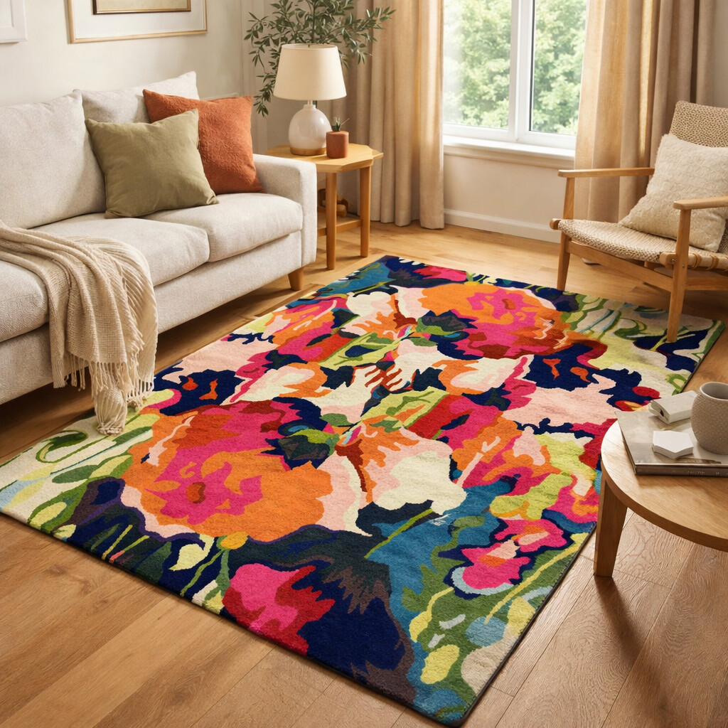 Hand-tufted Multi Flower Design Rug for Bedroom and Living Space