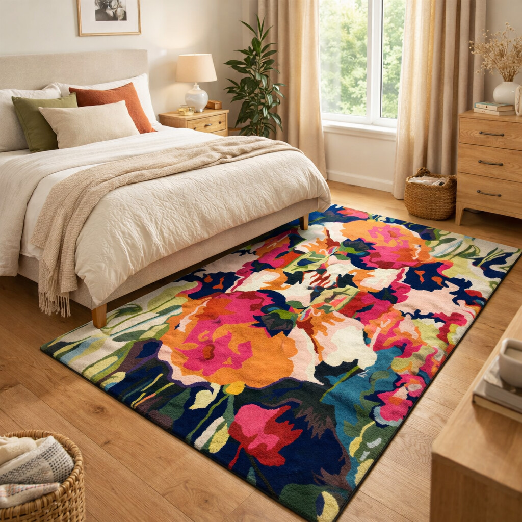 Hand-tufted Multi Flower Design Rug for Bedroom and Living Space