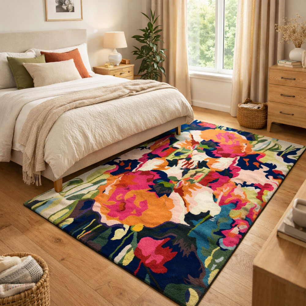 Image of Hand-tufted Multi Flower Design Rug for Bedroom and Living Space