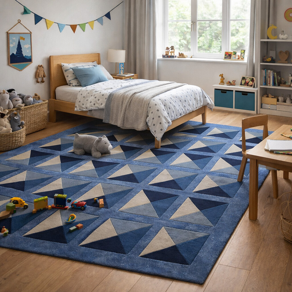 Image of Hand Tufted, Geometric Area Rug,  Blue, Perfect for Living Room, Dining Room, Hallway,  Bedroom Available in 5x6, 5x8, 6x9, 7x9, 7x10, 9x12 Sizes