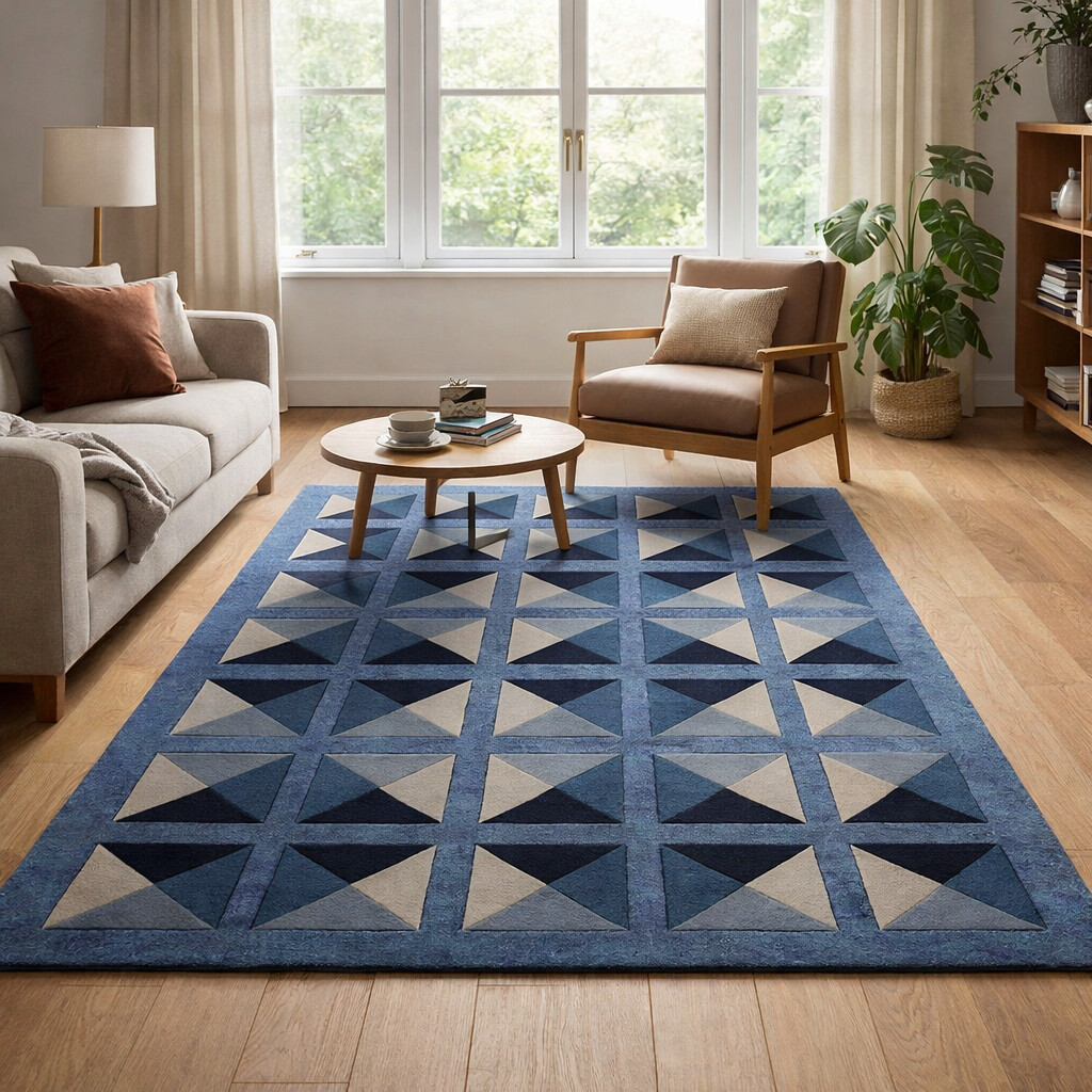 Hand Tufted Geometric Area Rug Blue Perfect for Living Room Dining Room Hallway Bedroom Available in 5x6 5x8 6x9 7x9 7x10 9x12 Sizes