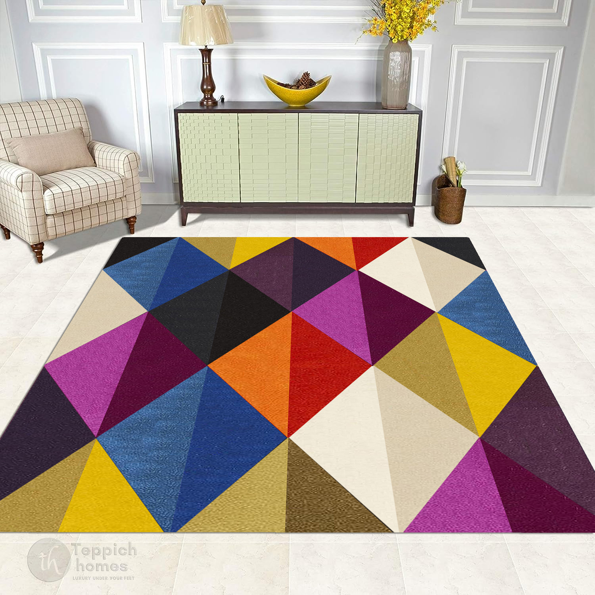 Vibrant Geometric Diamond Multicolor Rug  8x10