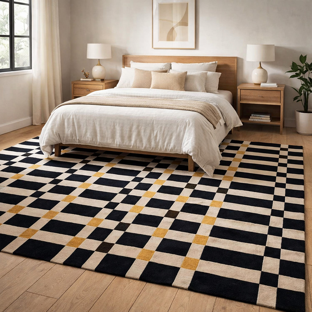 Hallway rug  Geometric carpet  Wool area rugs  8x13 9x10 9x12 10x14  Tufted carpet  Black and Beige color