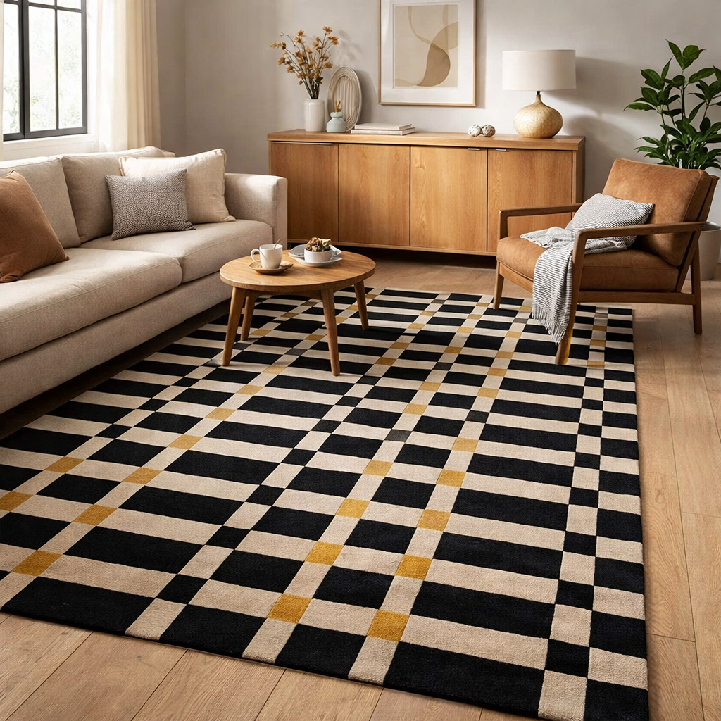 Hallway rug  Geometric carpet  Wool area rugs  8x13 9x10 9x12 10x14  Tufted carpet  Black and Beige color