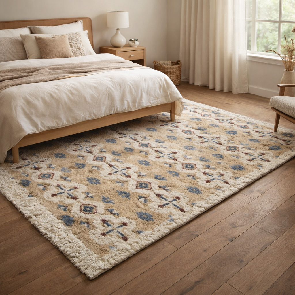 Tufted area rug Beige and White color 5x8 6x10 7x10 8x13 Hallway Living room Wool carpet Geometric rugs