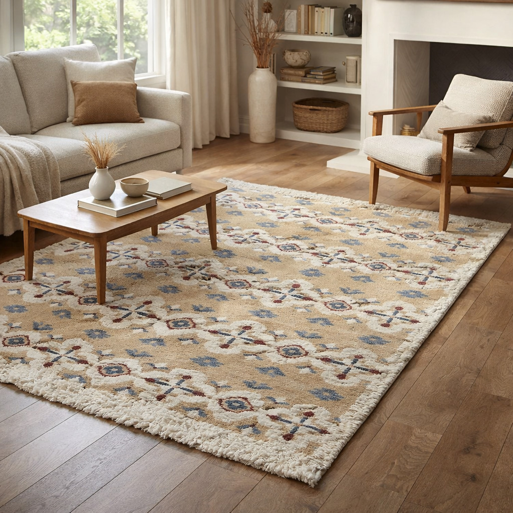 Tufted area rug Beige and White color 5x8 6x10 7x10 8x13 Hallway Living room Wool carpet Geometric rugs