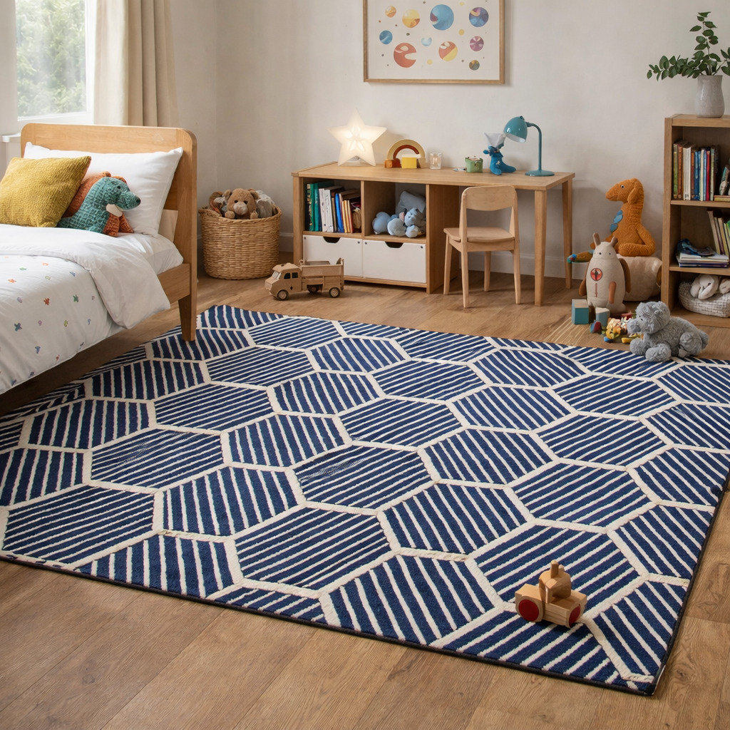 Bedroom carpet  Geometric wool  Area rug 6x10  7x10 8x10 8x11 9x12  Tufted carpets  White and Blue wool