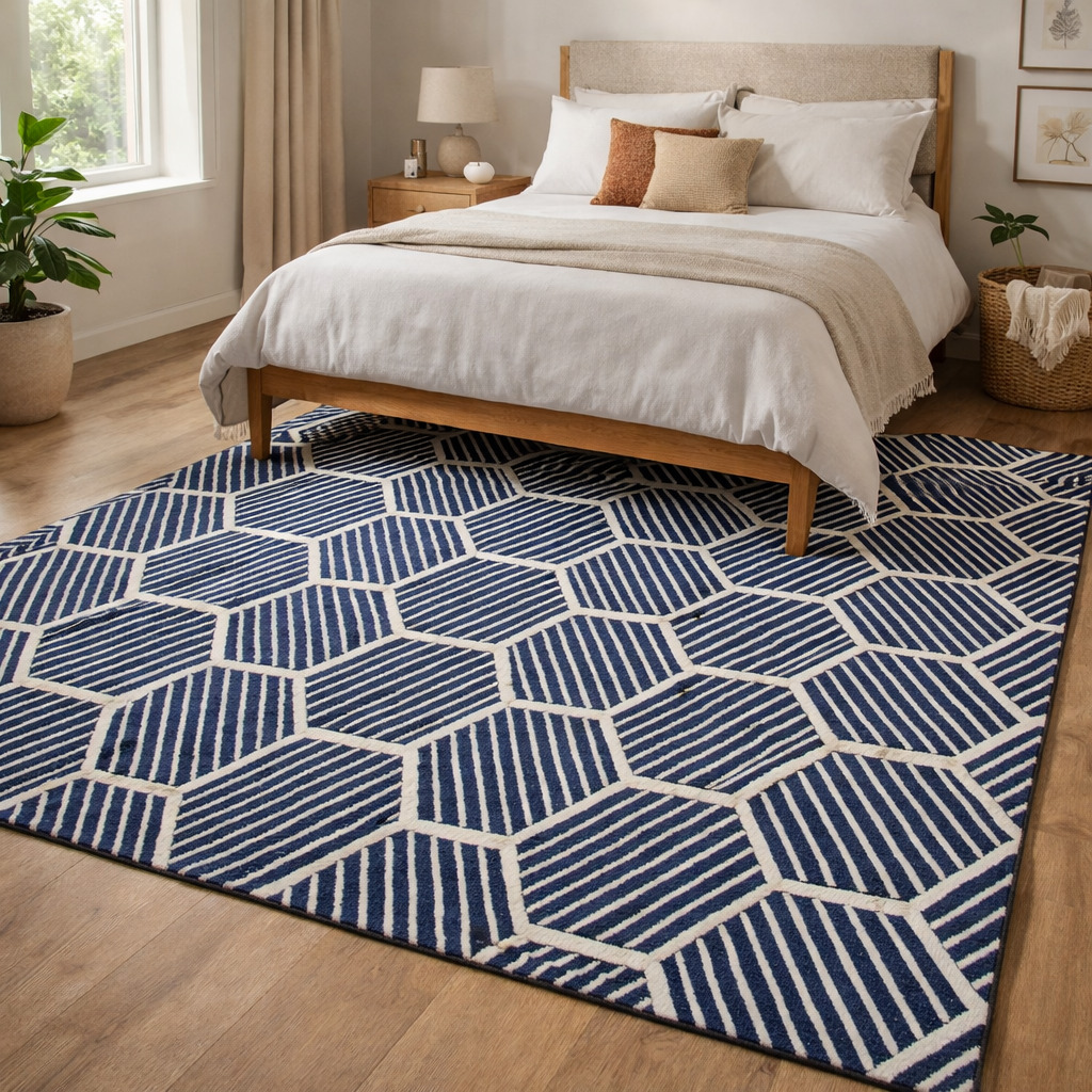 Bedroom carpet  Geometric wool  Area rug 6x10  7x10 8x10 8x11 9x12  Tufted carpets  White and Blue wool