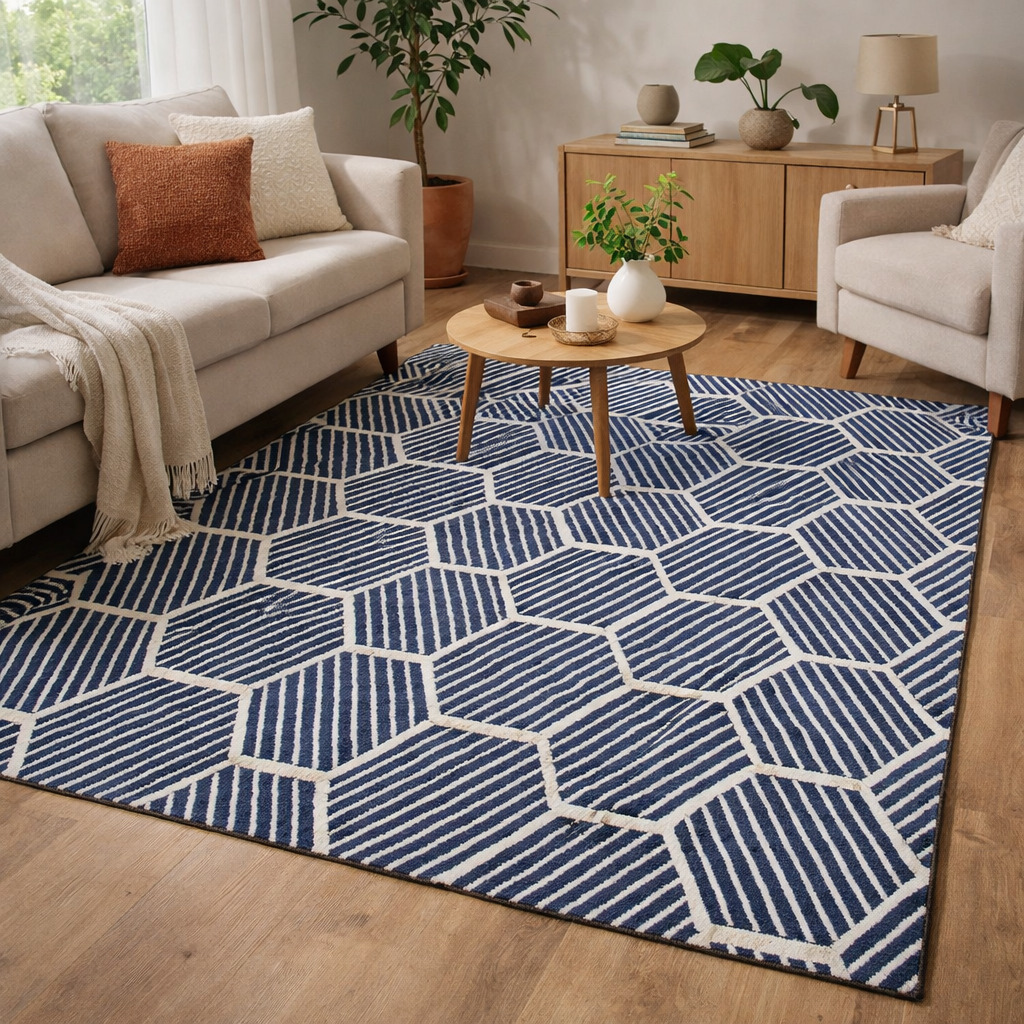 Bedroom carpet  Geometric wool  Area rug 6x10  7x10 8x10 8x11 9x12  Tufted carpets  White and Blue wool