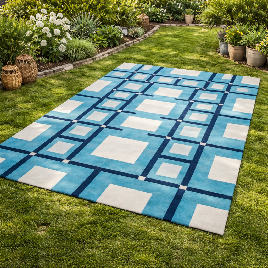 Bedroom rug 5x8  Geometric carpet  Tufted area rugs  6x8 6x9 7x10 8x13  Wool carpets  Blue color  Hand tuft