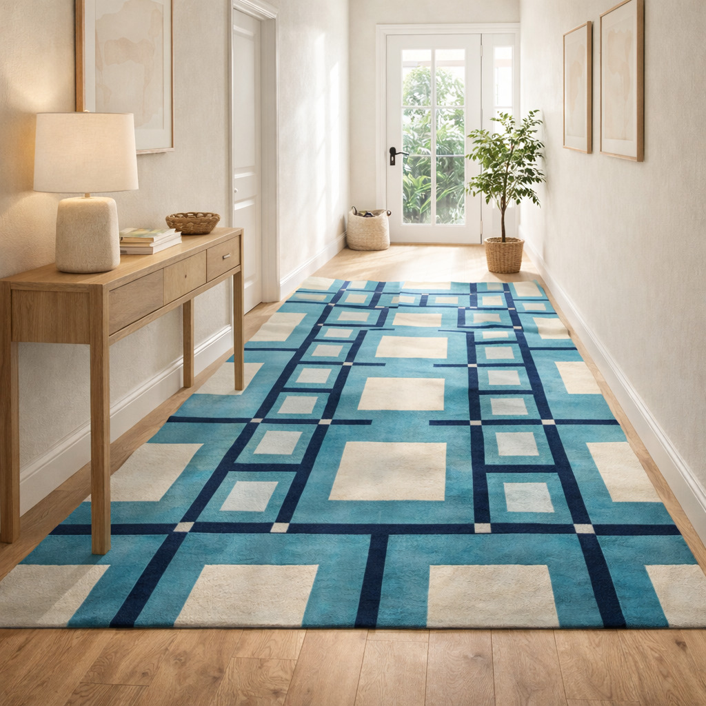 Bedroom rug 5x8  Geometric carpet  Tufted area rugs  6x8 6x9 7x10 8x13  Wool carpets  Blue color  Hand tuft