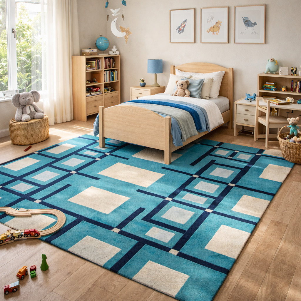 Bedroom rug 5x8  Geometric carpet  Tufted area rugs  6x8 6x9 7x10 8x13  Wool carpets  Blue color  Hand tuft