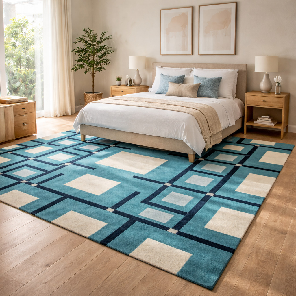 Bedroom rug 5x8  Geometric carpet  Tufted area rugs  6x8 6x9 7x10 8x13  Wool carpets  Blue color  Hand tuft